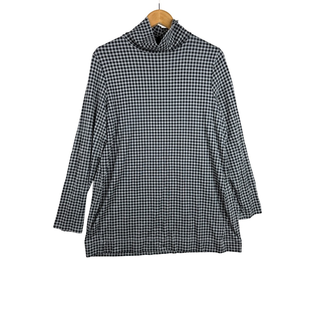 J. Jill Cotton Luxe Gingham Turtleneck Long Sleeve Tunic size Large Gray/Black